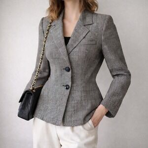 Valentino Miss V Vintage Blazer Glen Plaid Wool Italy Sz 12 Corporate Goth 90s